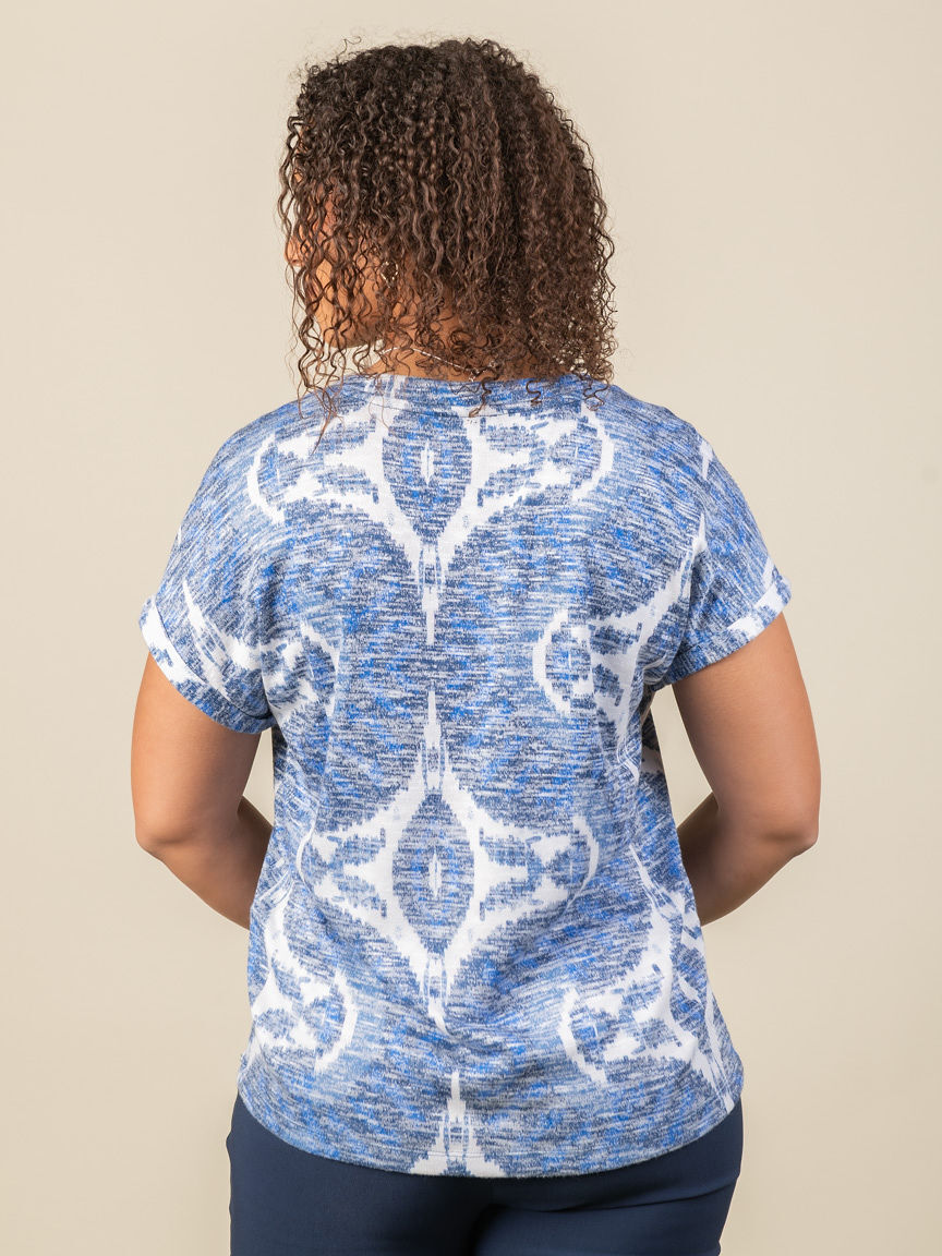 Printed Hatchi Cap-Sleeve V-Neck Top With Ladder Tape Detail Image 2