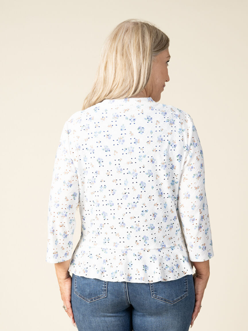 3/4 Sleeve Eyelet Lace Floral Print Cardigan