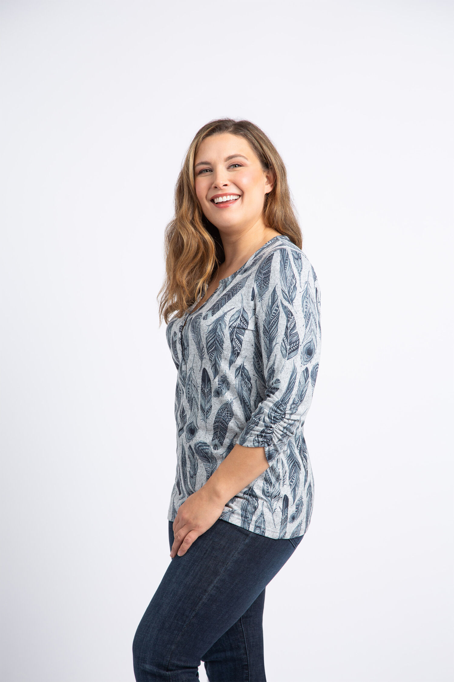 3/4 Sleeve Henley Neck Feather Top  Image 3