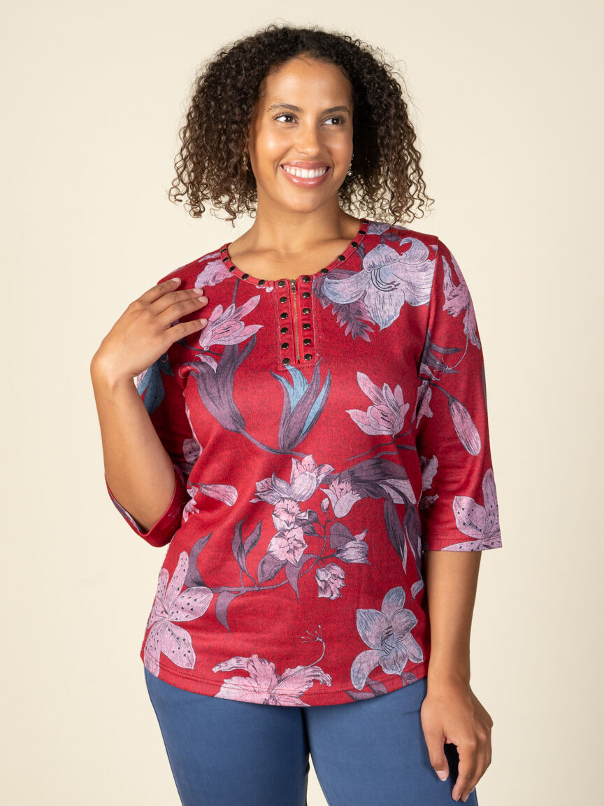 3/4 Sleeve Half Zip Floral Top