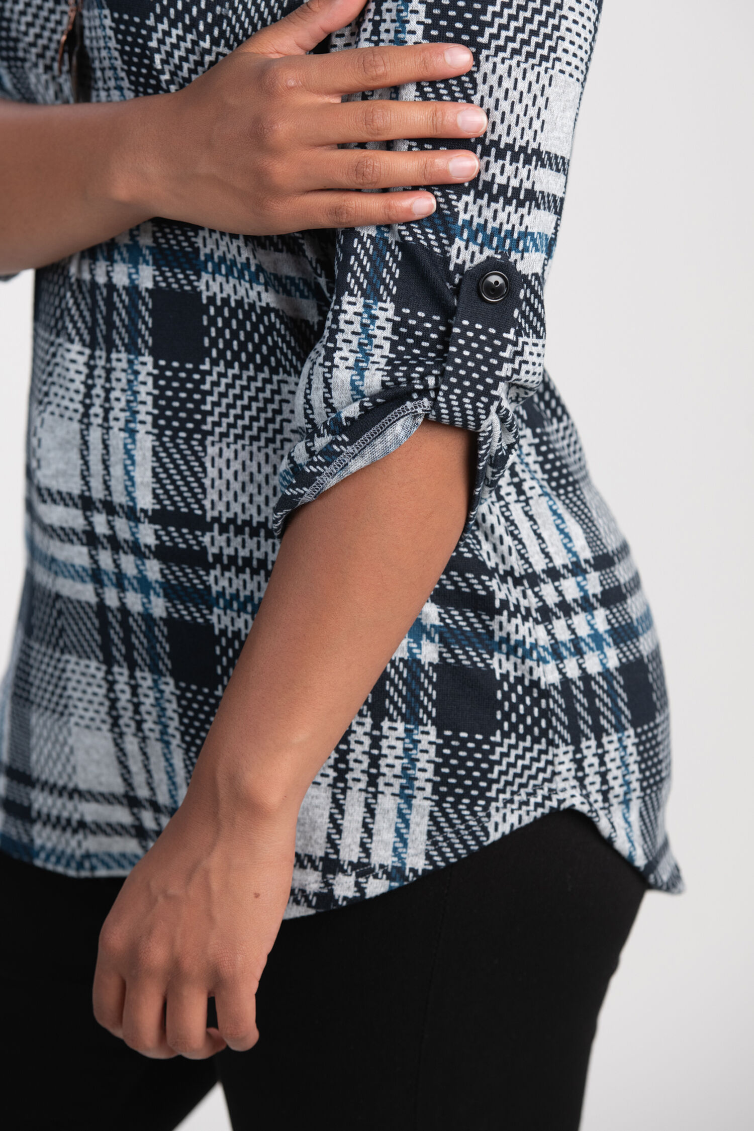 Roll-Tab Sleeve Plaid Top  Image 3