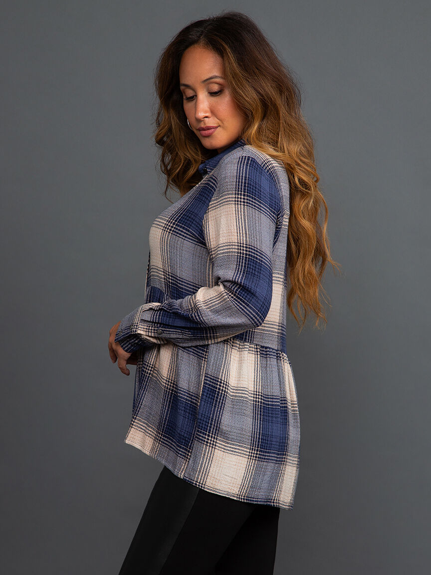 Button-Up Plaid Peplum Blouse Image 3