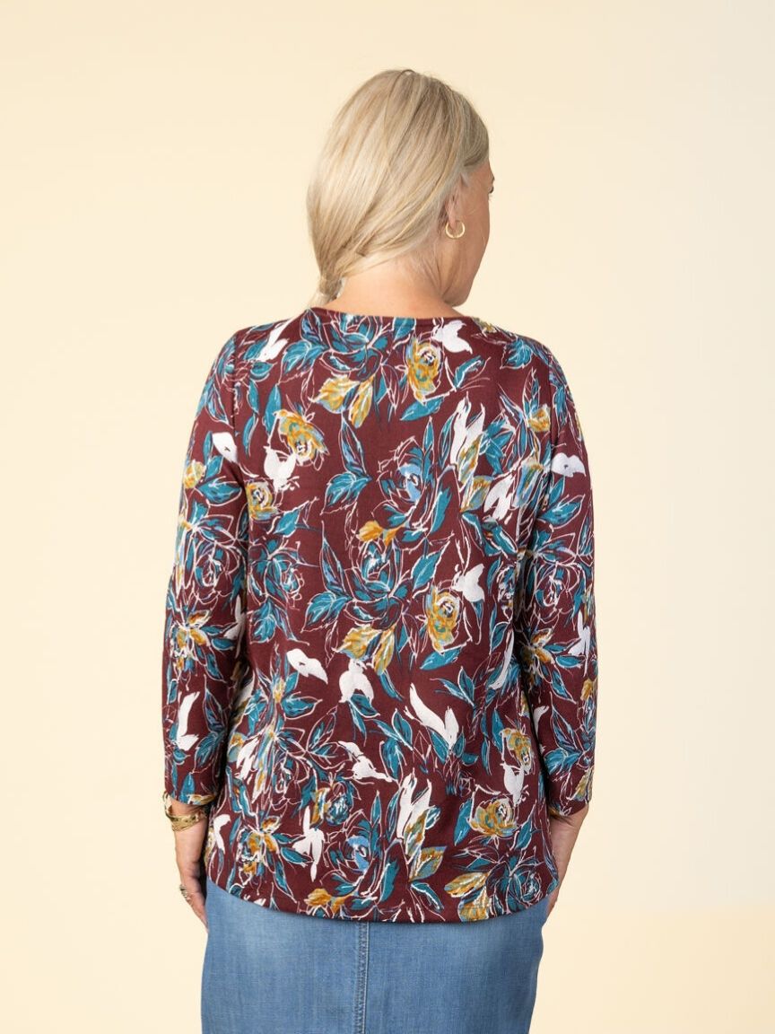 Floral Print 3/4 Sleeve Top With Gold Buttons