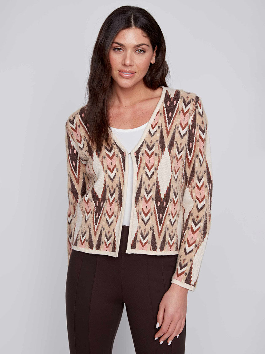 Eyelash Knit Aztec Cropped Cardigan Image 1