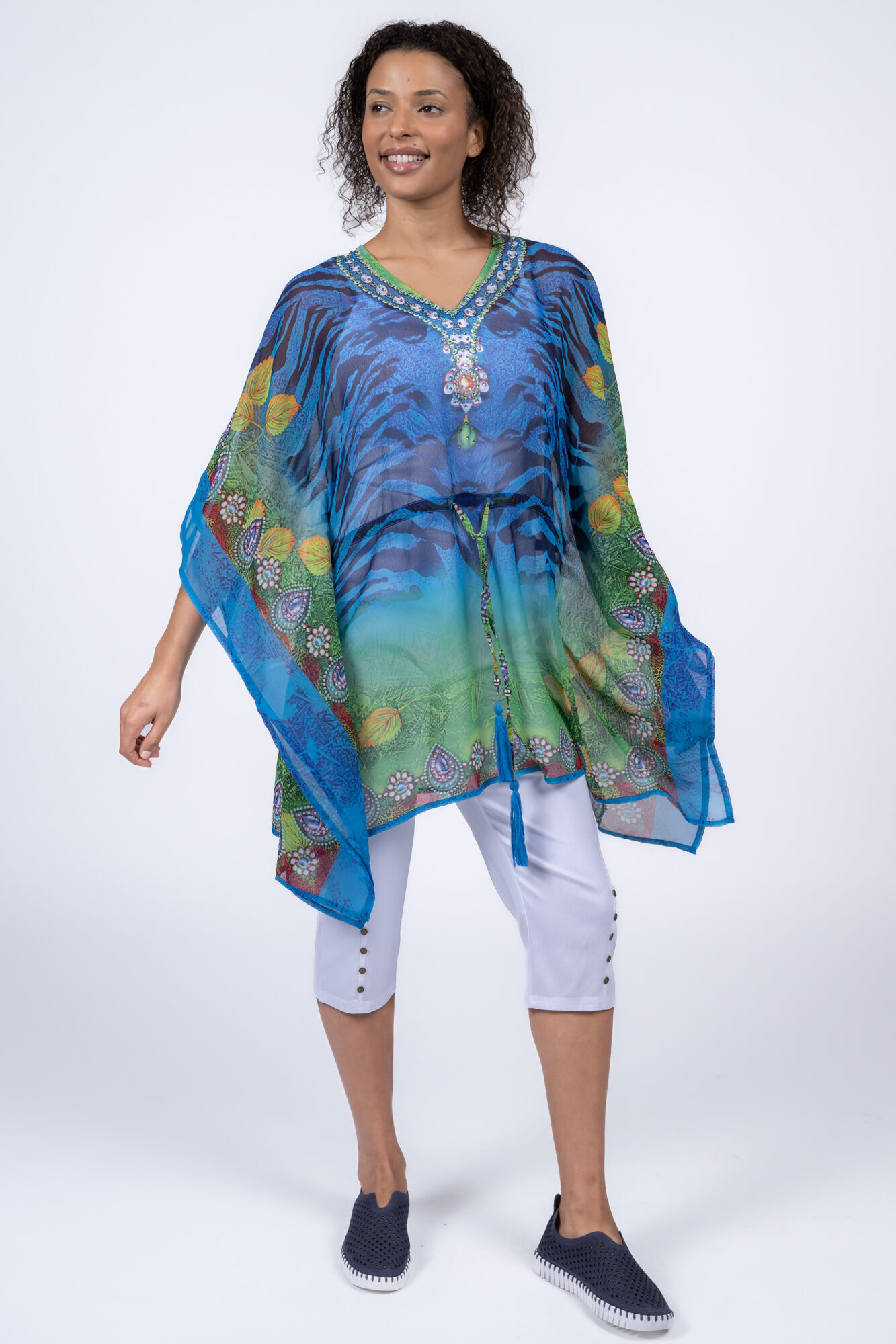 Jeweled V-Neck Poncho Blouse Image 1