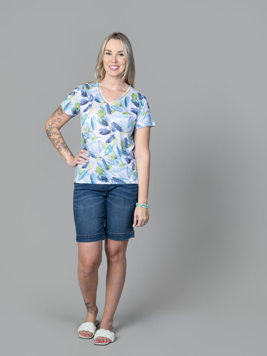 Burnout Leaf Print Short Sleeve Top with V-Neck