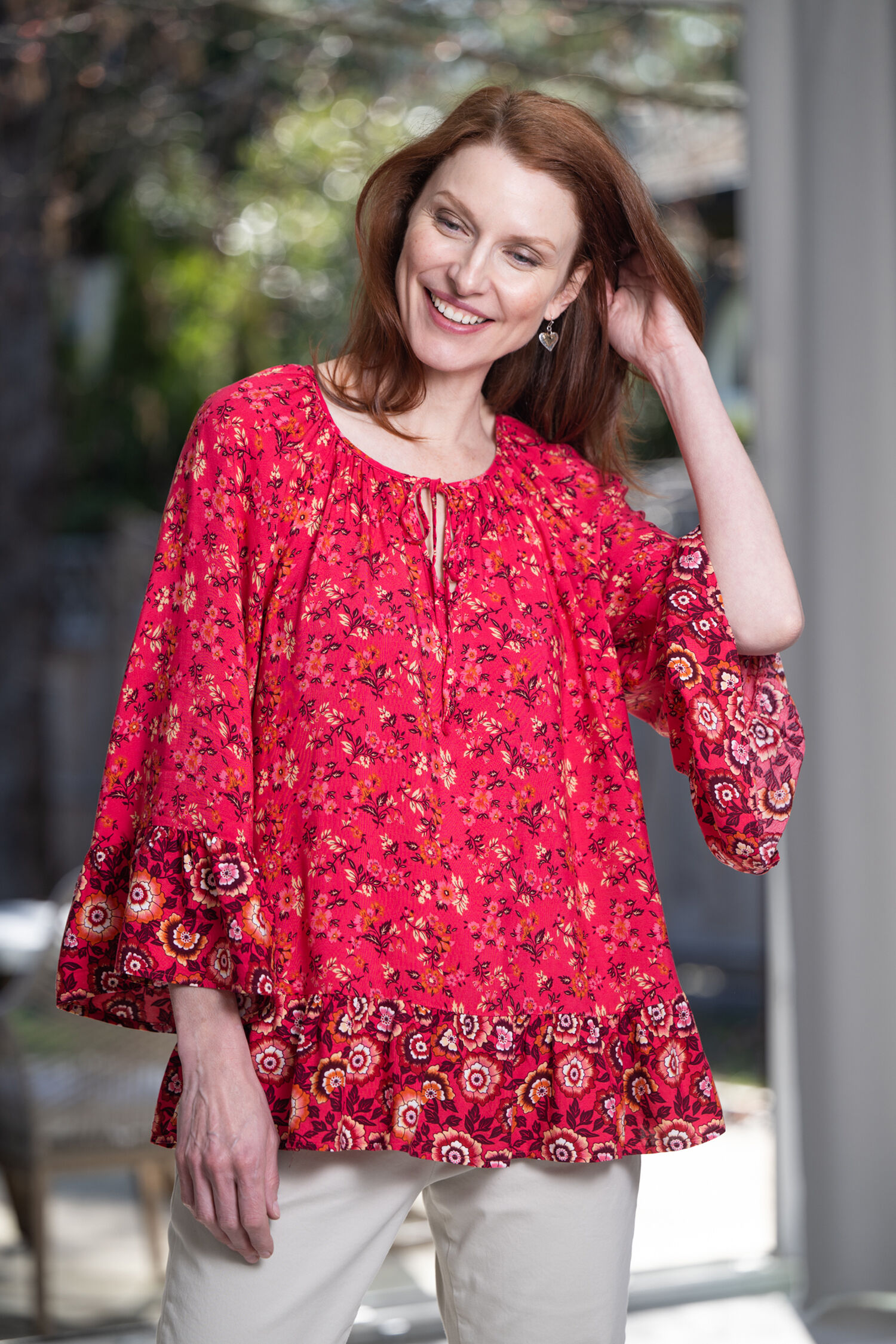 &frac34; Bell Sleeve Floral Blouse Image 1