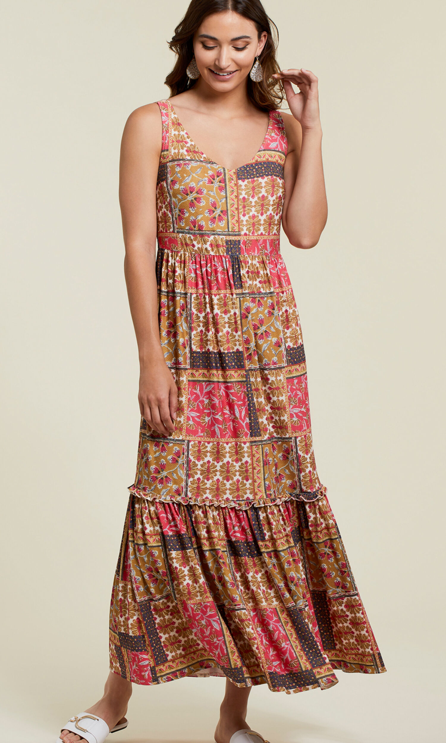 Tiered Patchwork Print Maxi Dress Image 1