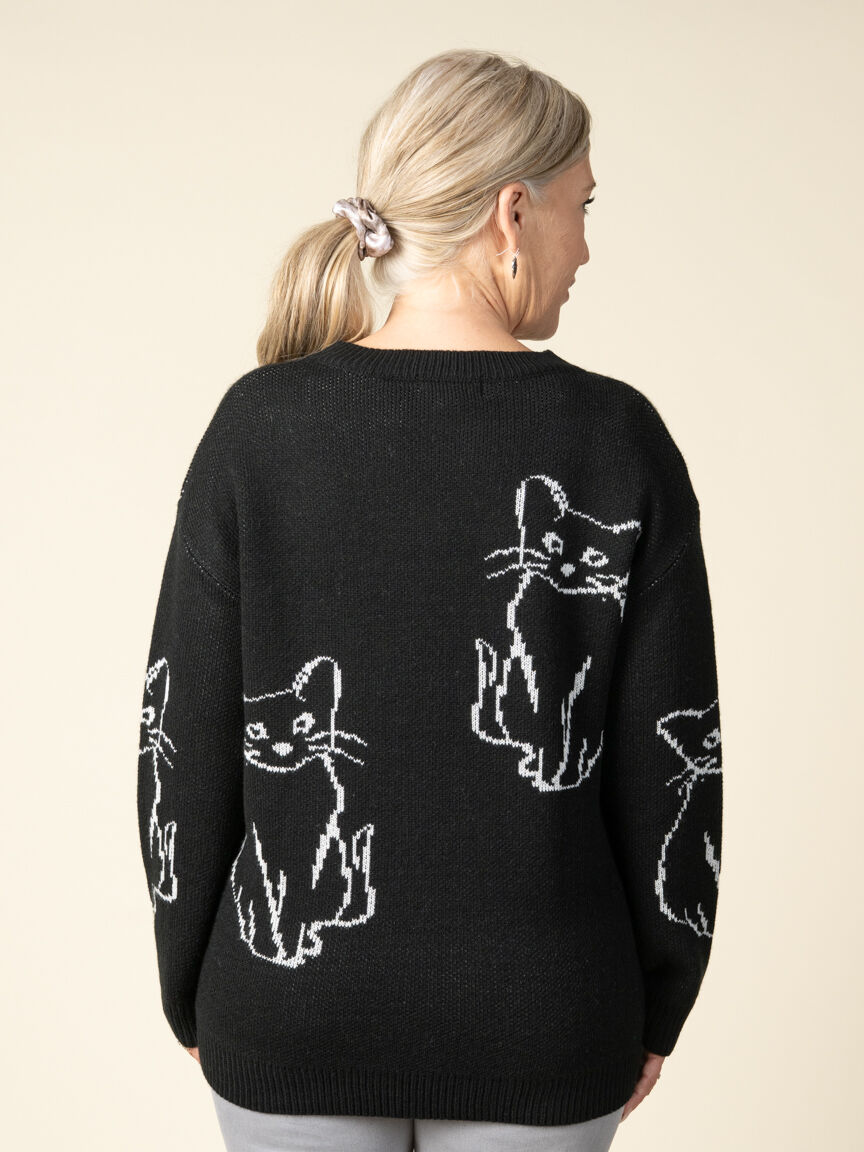 Long Sleeve Crew Neck Cat Sweater