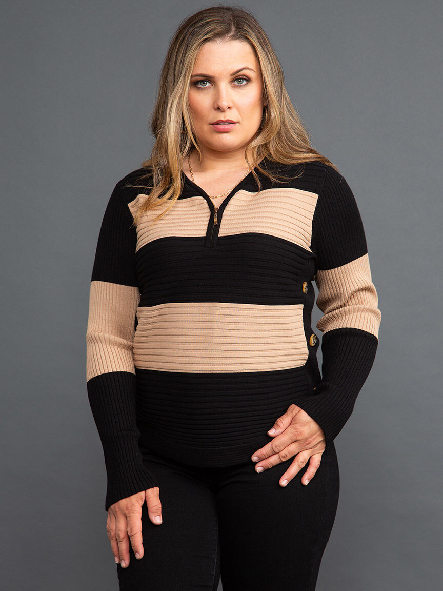 Zip Neck Ottoman Rib Long Sleeve Top Image 1