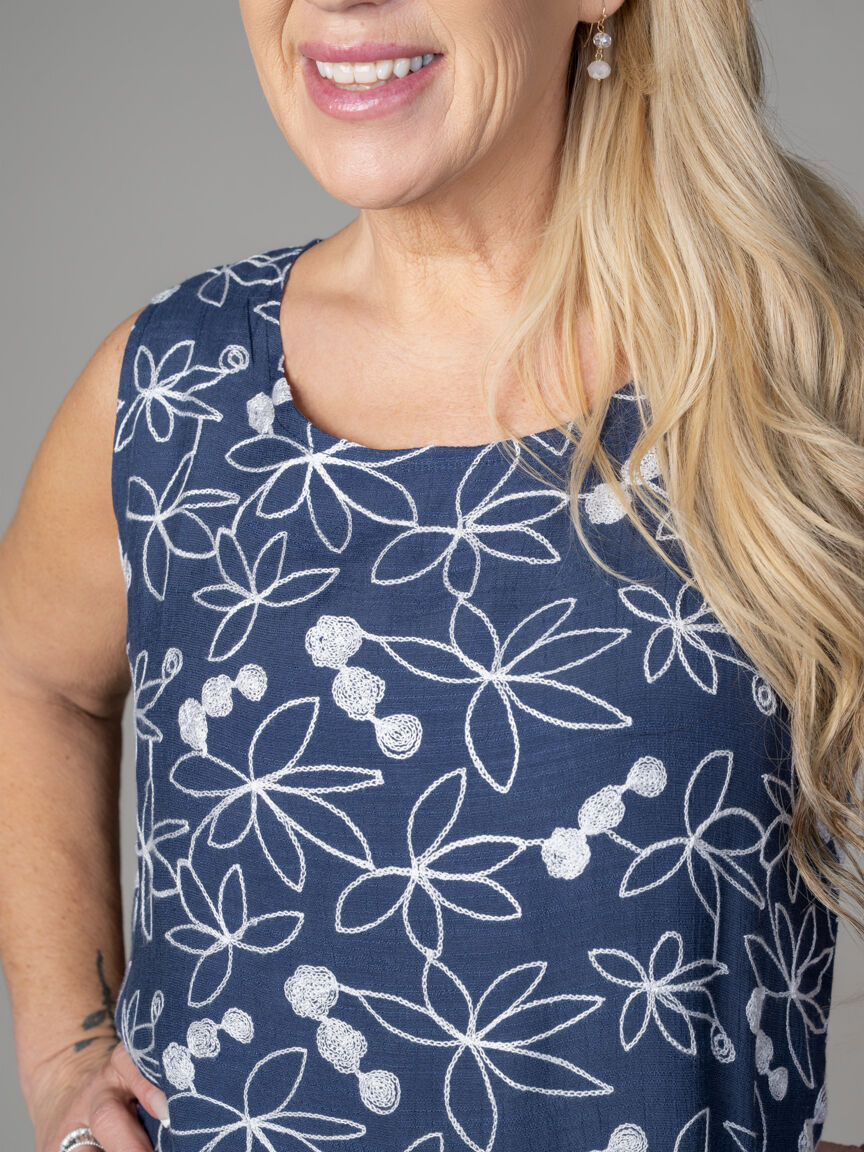 Sleeveless Layered Top with Floral Embroidery