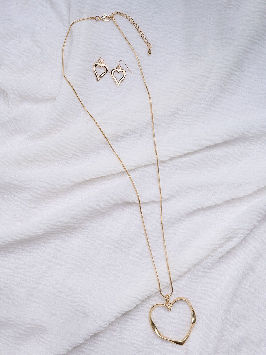Long Gold Chain with Heart Pendant and Earring Set  Image 1