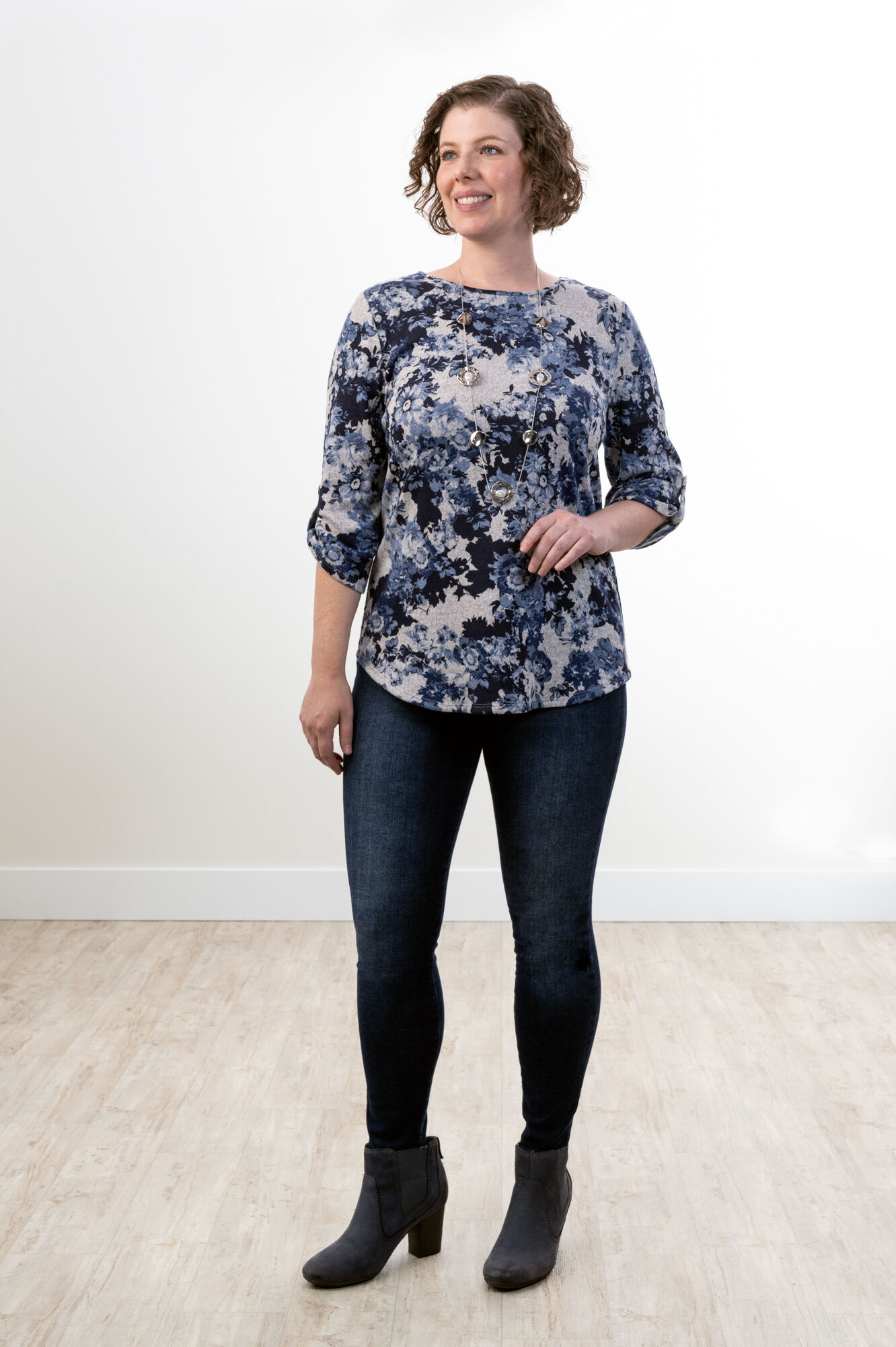Blueberry Blue Floral Shirt With Ruchin Tab Sleeves  Image 3