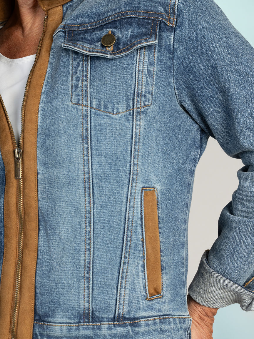 Denim Zip-Up Jacket With Suede Trim