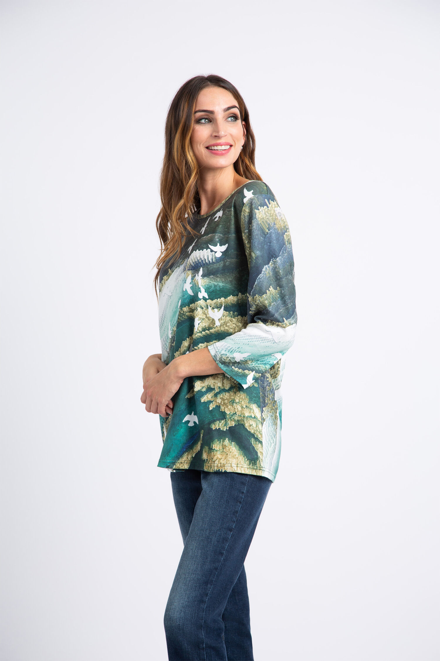 &frac34; Sleeve White Doves Top  Image 2