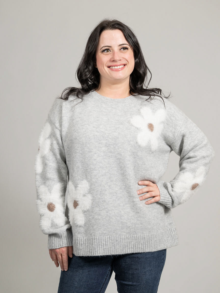 Long Sleeve Knit Sweater With Fluffy Flower Appliqu&eacute;