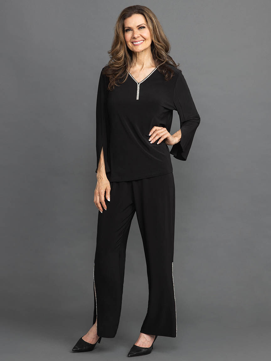 &frac34; Sleeve Top with Bling Neckline Image 1