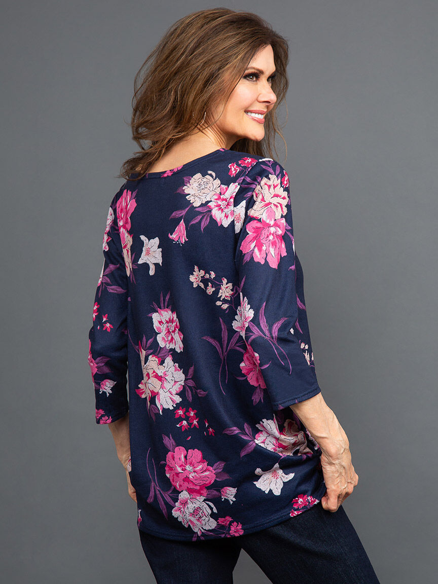 Long Sleeve Floral Top w/ Ruched Side Seams Image 4