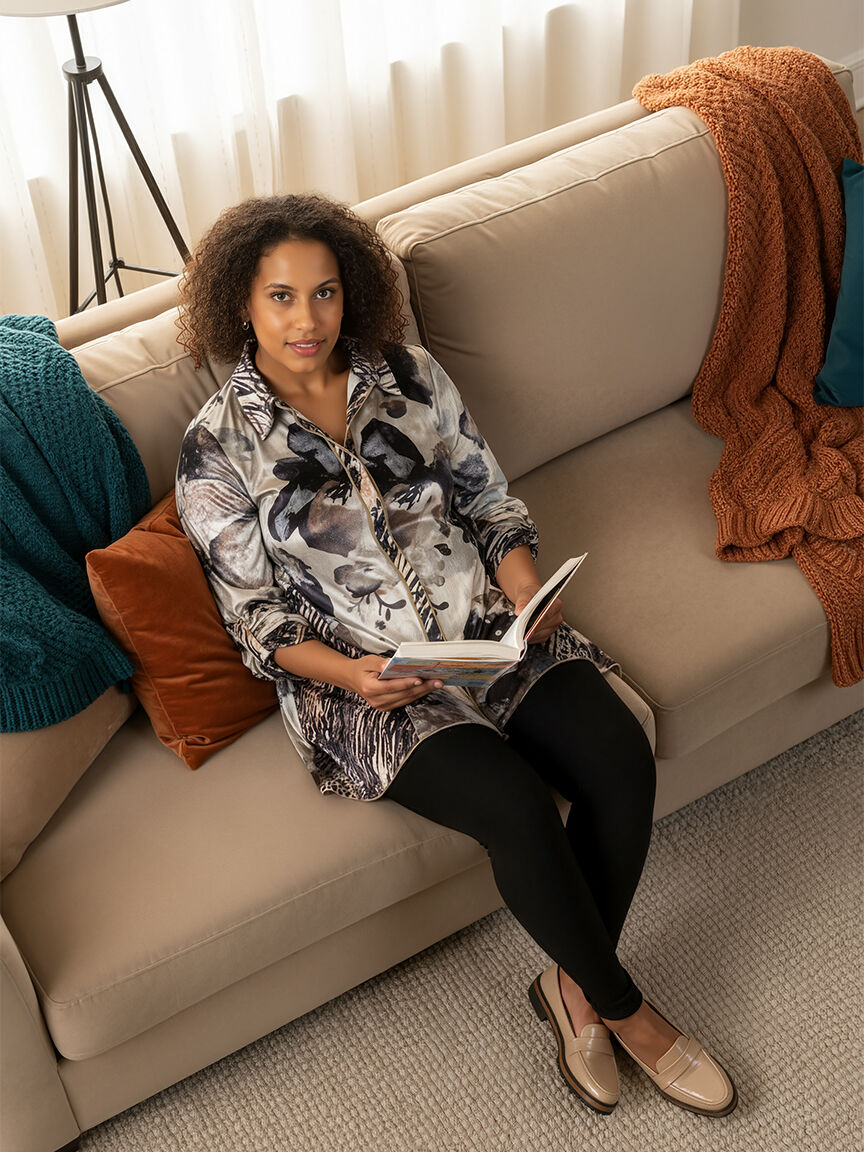 Roll-Tab Button-Up Velour Blouse