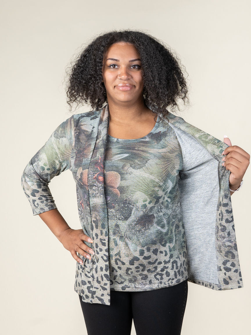 3/4 Length Sleeve Top With Built In Cardigan 