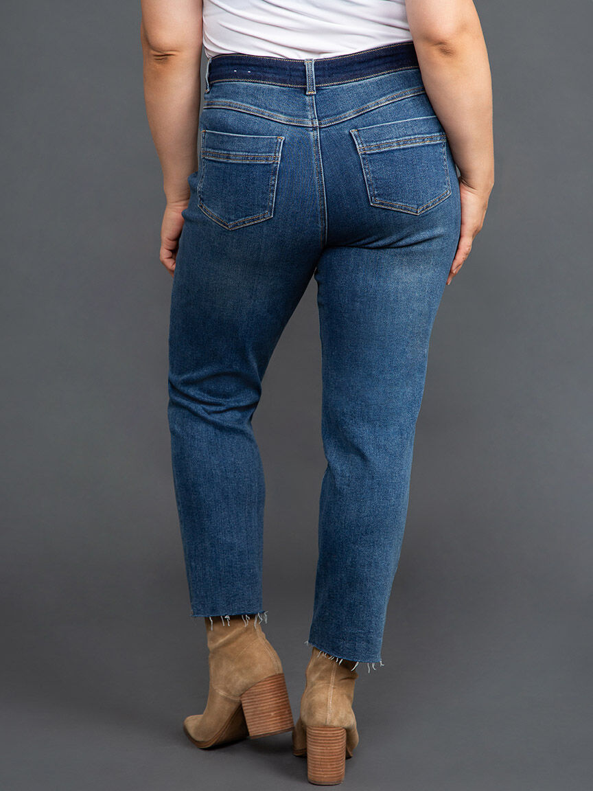 Audrey Girlfriend Straight Ankle Jeans w/ Contrast Waistband