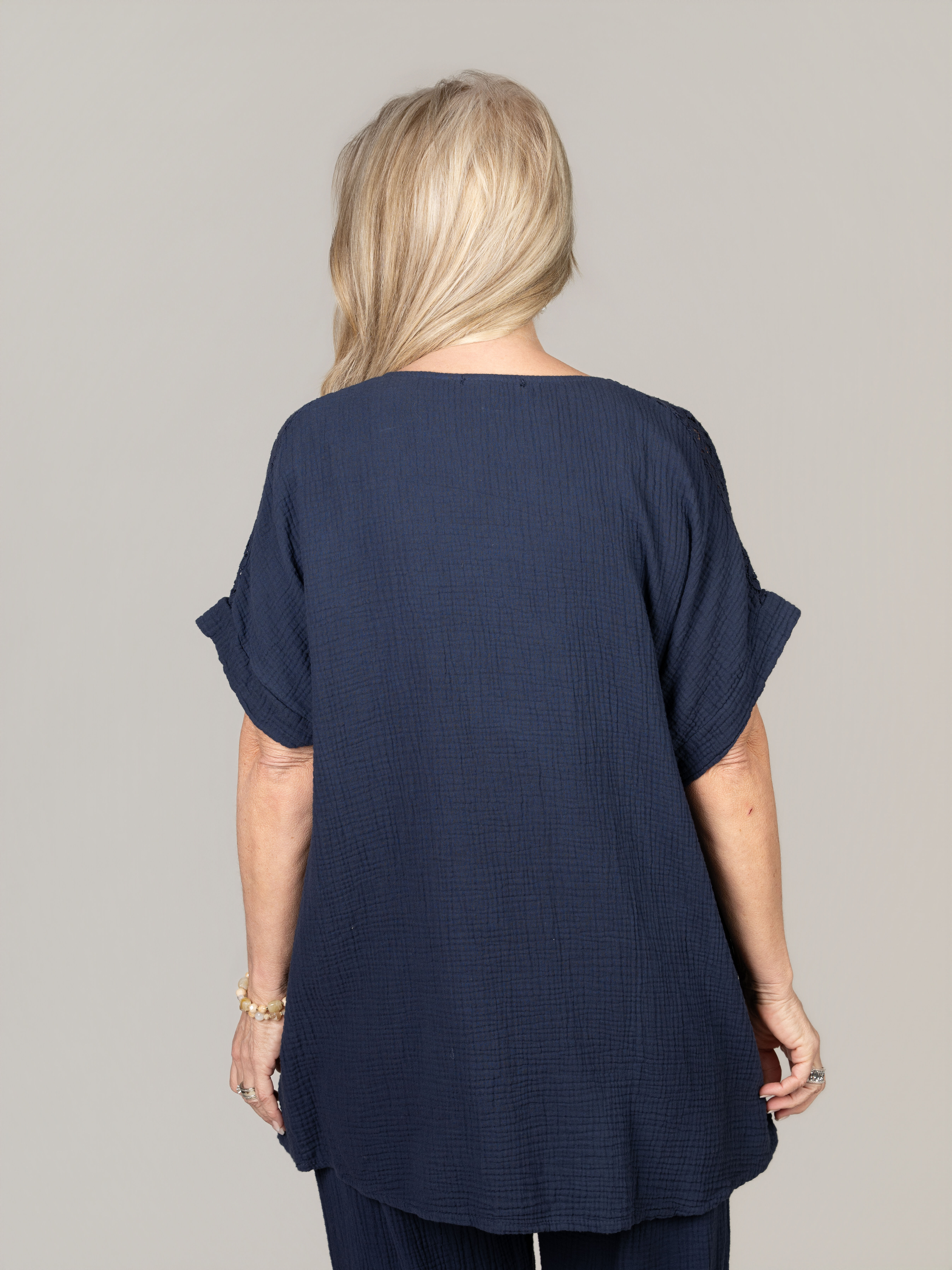 Short Sleeve Flowy Top With Lace Detail