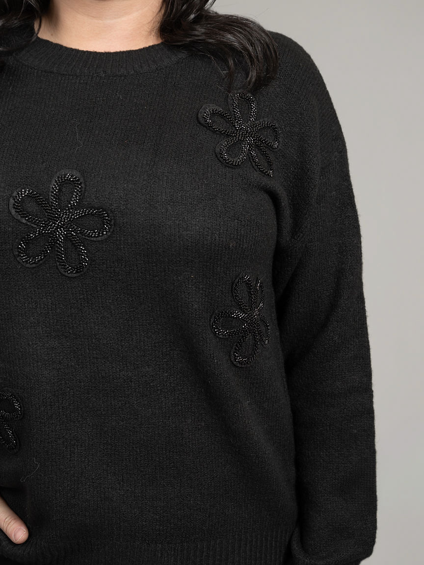 Crew Neck Sweater With Hotfix Flowers