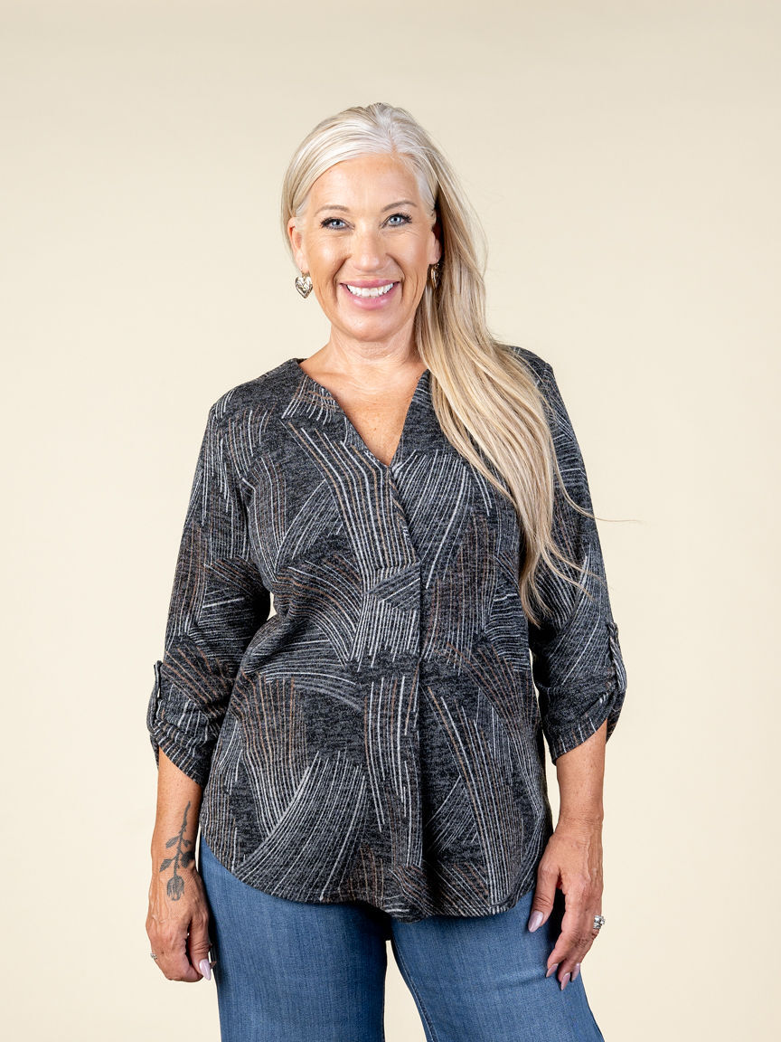 3/4 Sleeve V-Neck Printed Top