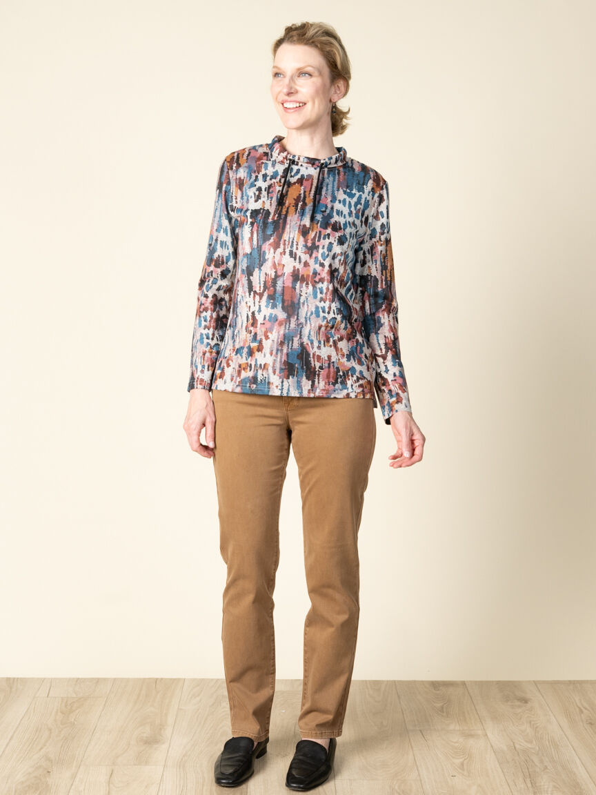 Long Sleeve Patterned Drawstring Top