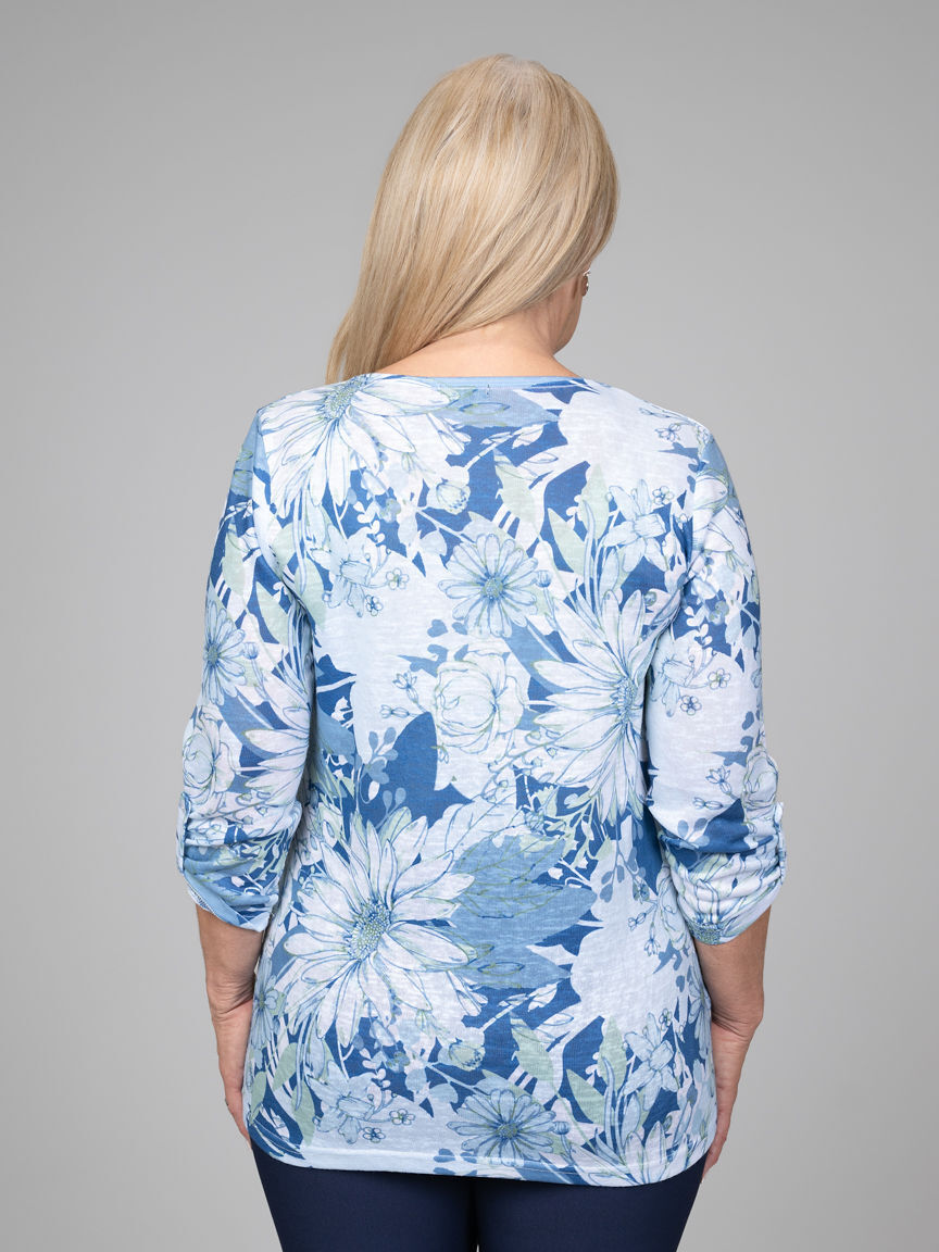 Floral 3/4 Sleeve Top With Roll Tabs