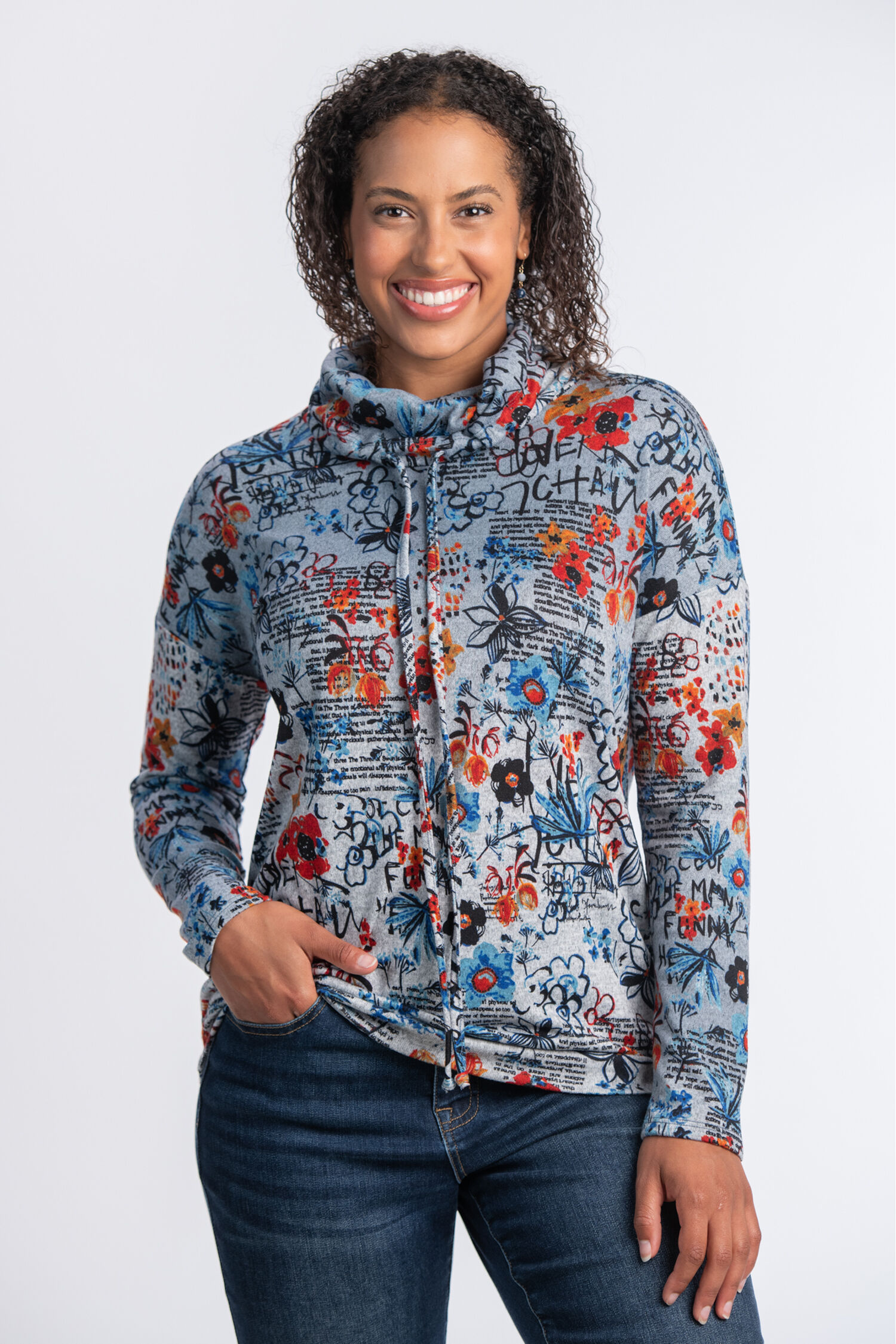 Long Sleeve Drawcord Cowl Neck Top  Image 1