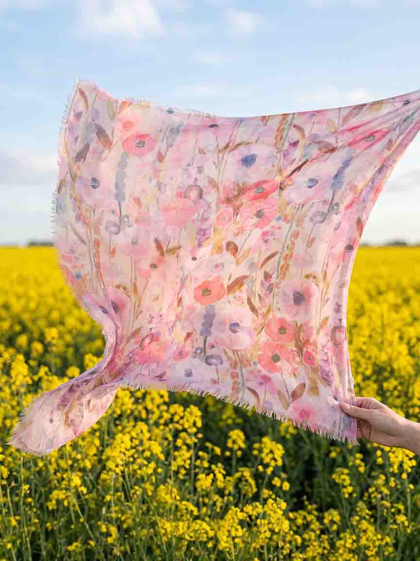 Lightweight Floral Scarf With Fringe