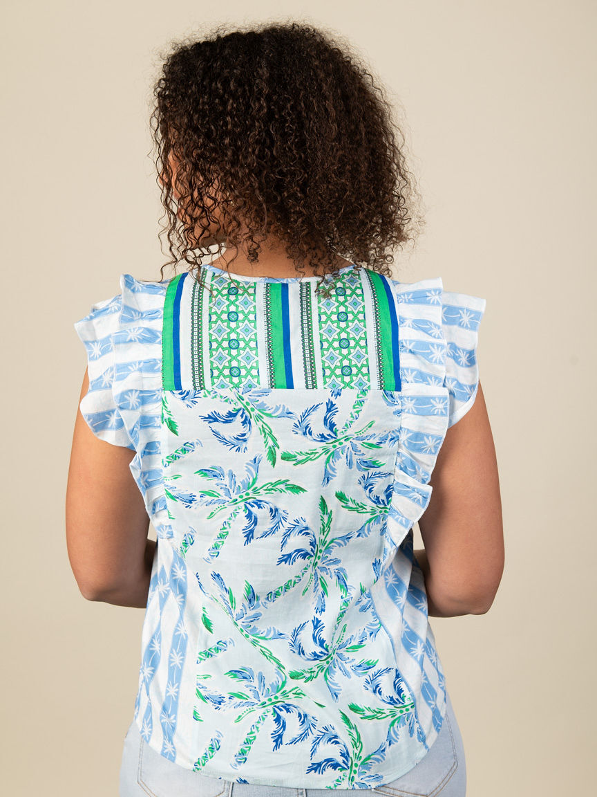 Printed Poplin Notch Neck Flutter Sleeve Blouse