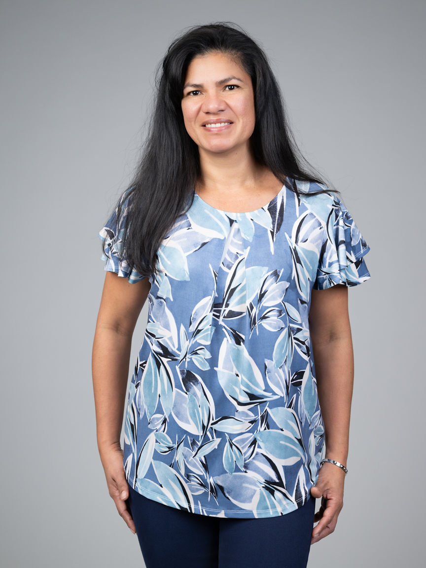 Short Ruffle Sleeve Shirt With Pleated Neckline