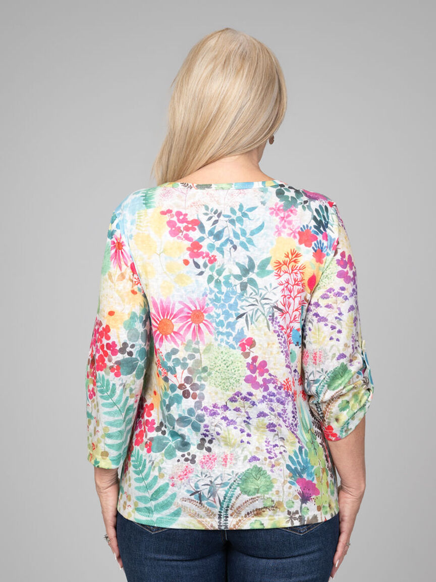 Floral 3/4 Sleeve Top With Hotfix