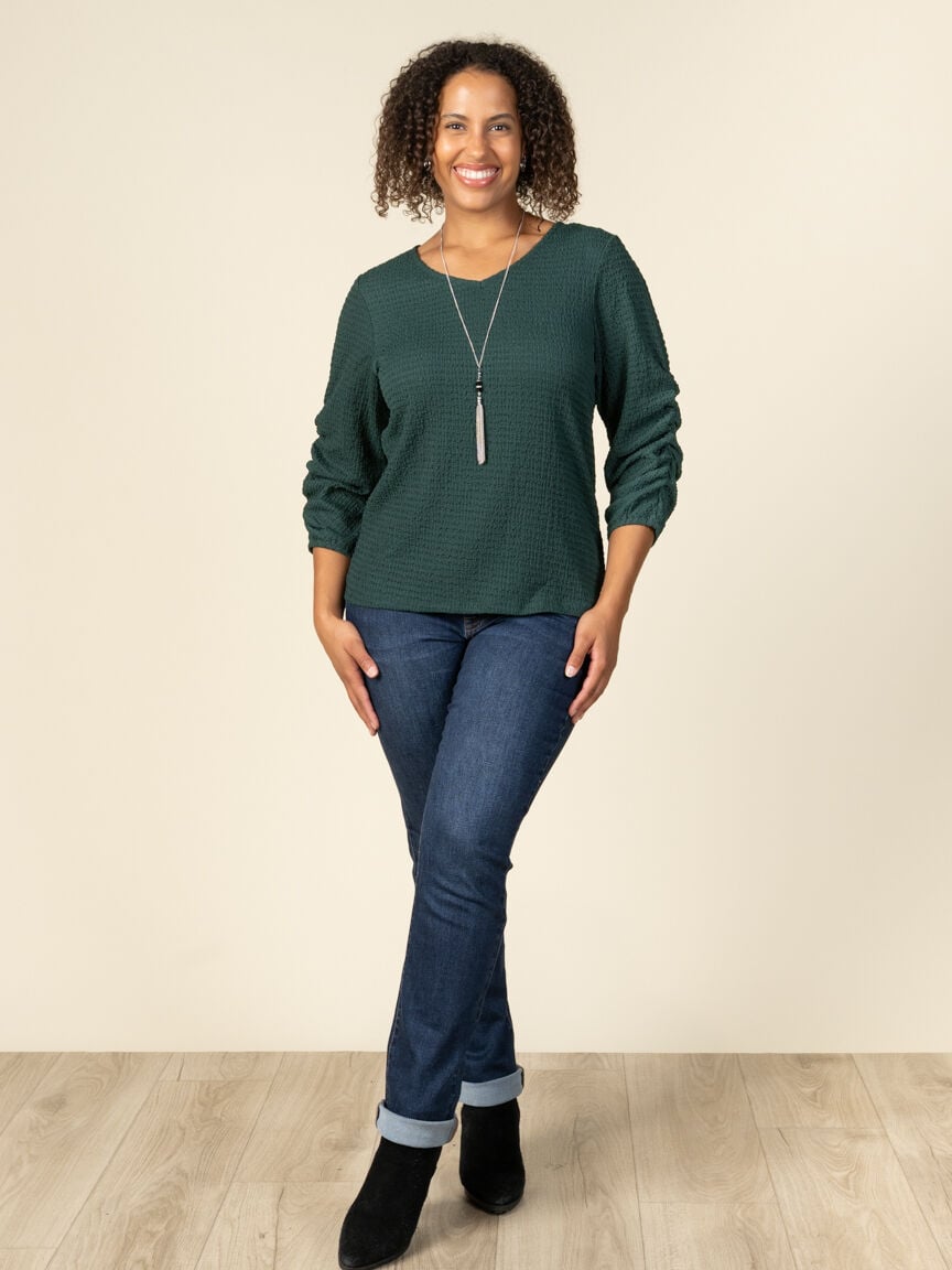 Texured 3/4 Ruched Sleeve Top Image 4