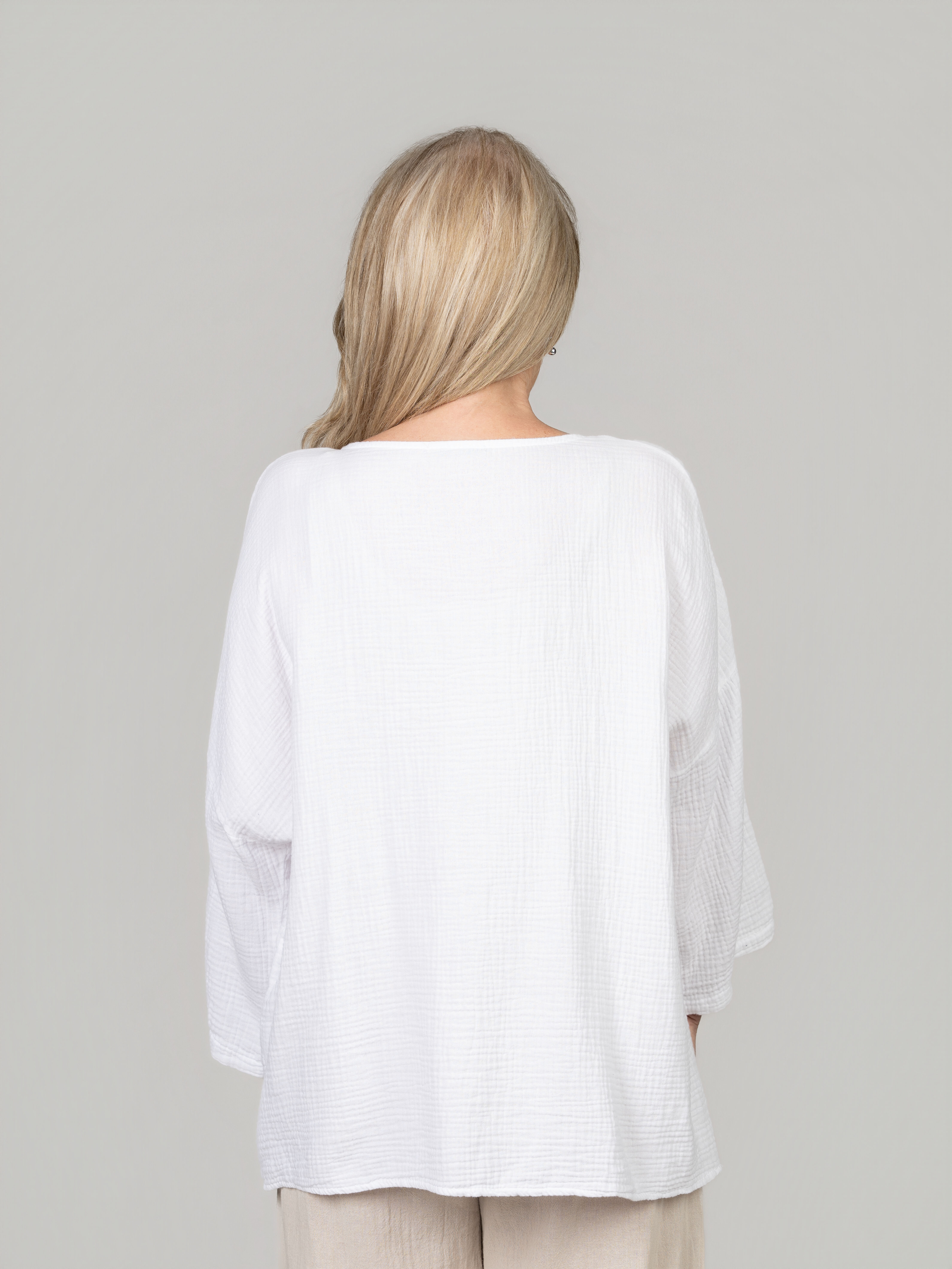 3/4 Sleeve Waffle Cotton Top With Front Pockets