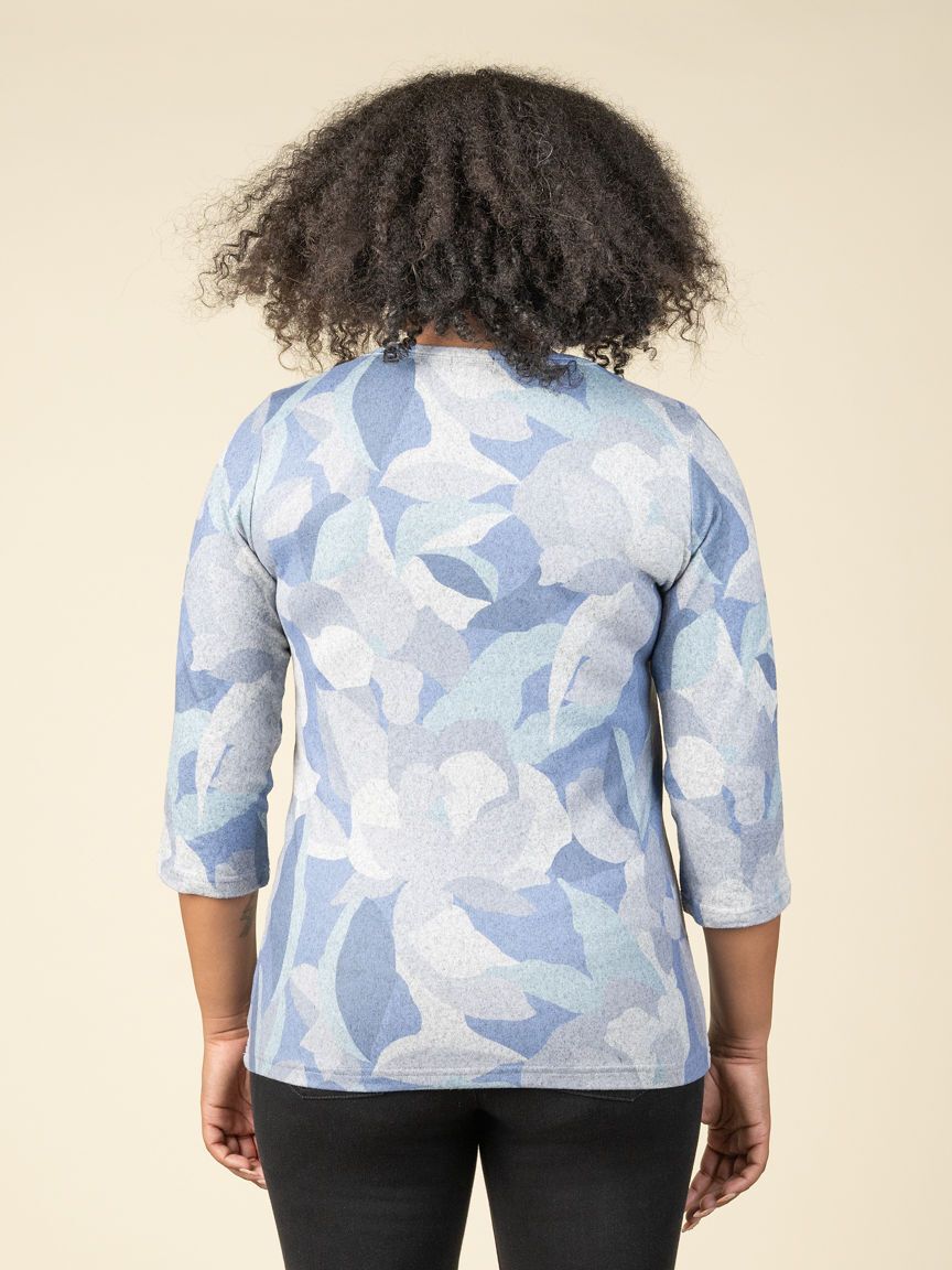 Floral Abstract 3/4 Sleeve Top With Hotfix