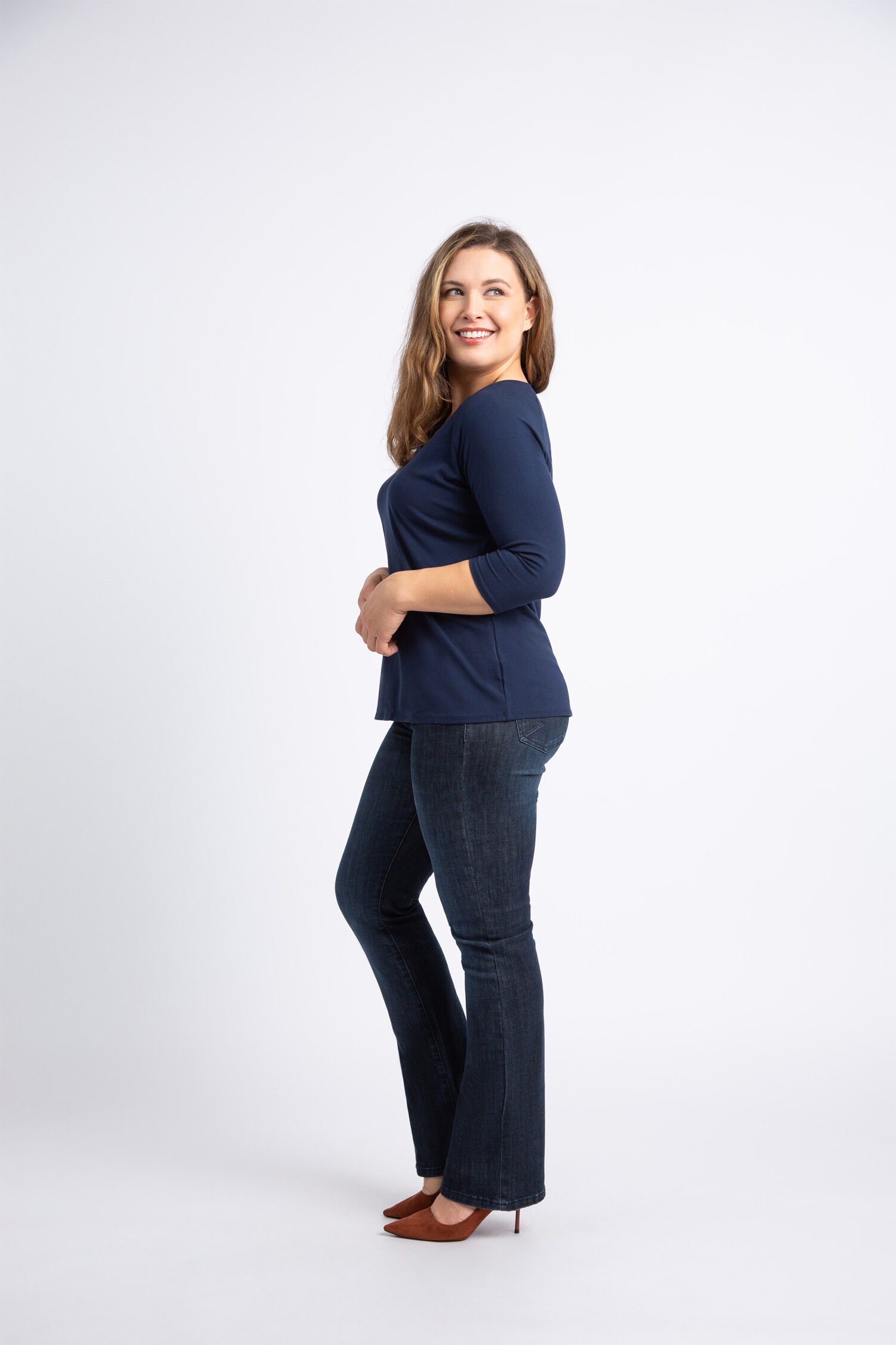 &frac34; Sleeve Cotton V-Neck , Purple