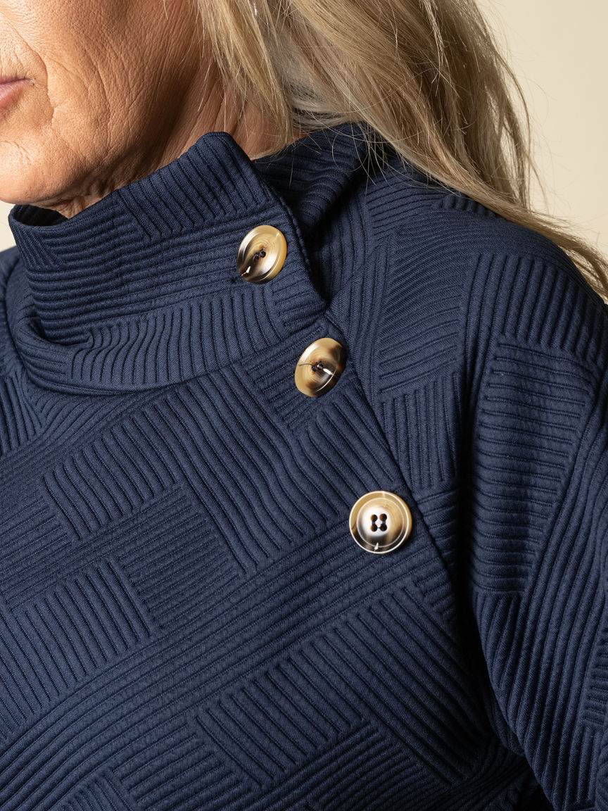 Chevron Knit Long Sleeve Top With Cowl Neck And Buttons