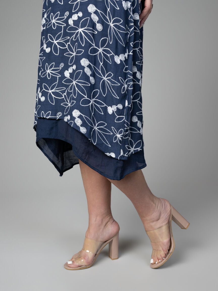 Embroidered Floral Midi Dress with Layered Hem