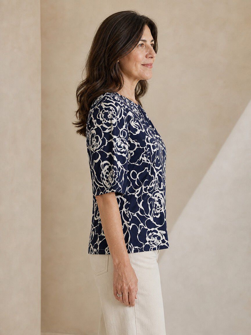 Elbow Sleeve Top With Keyhole Neckline
