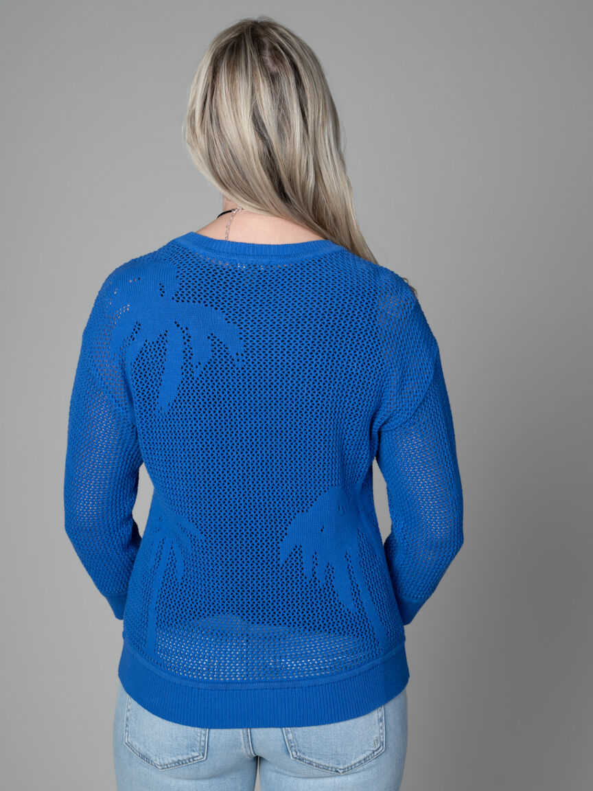 3/4 Sleeve Mesh Knit Crew Neck Sweater 