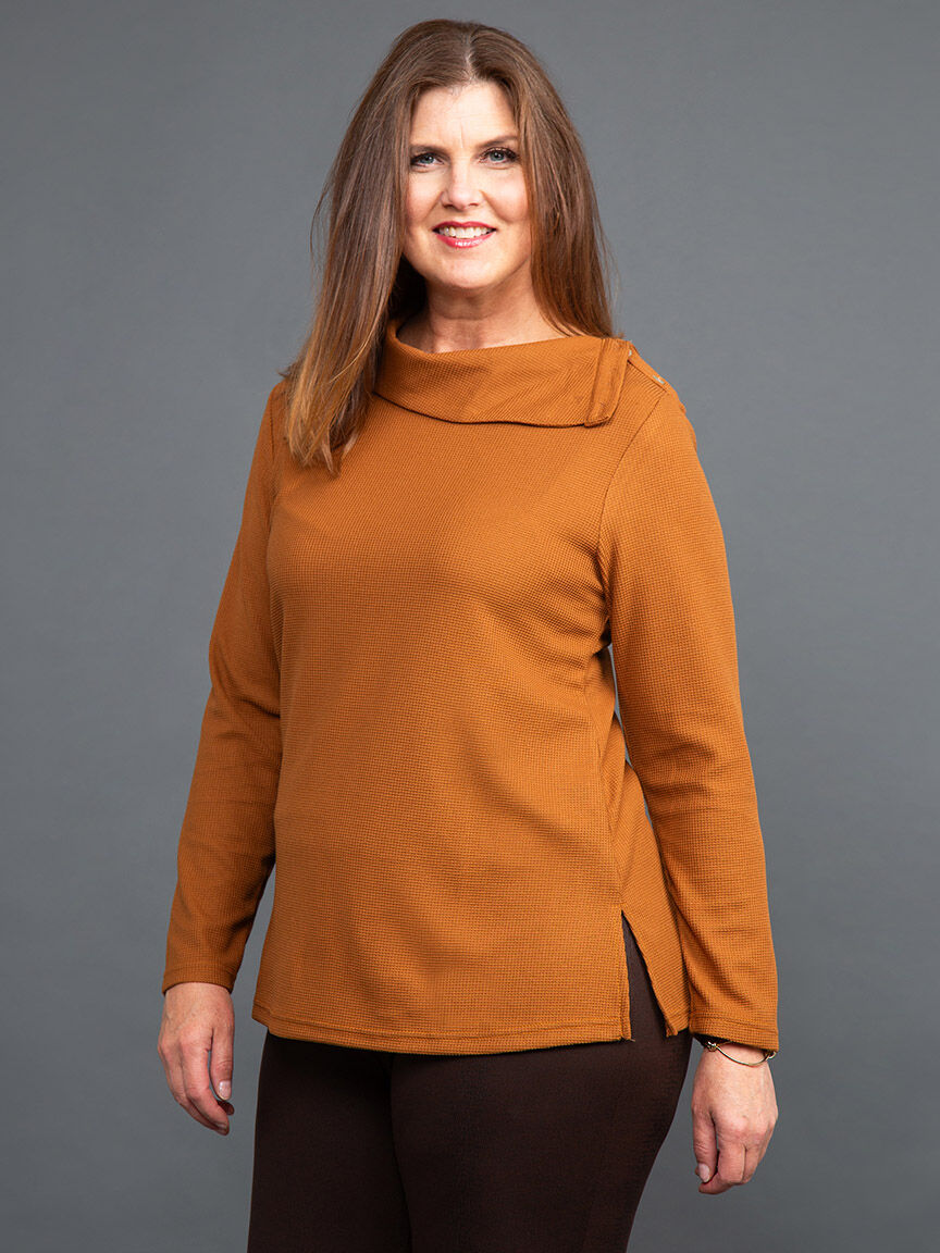Waffle Knit Mock Neck Top w/ Buttons Image 2