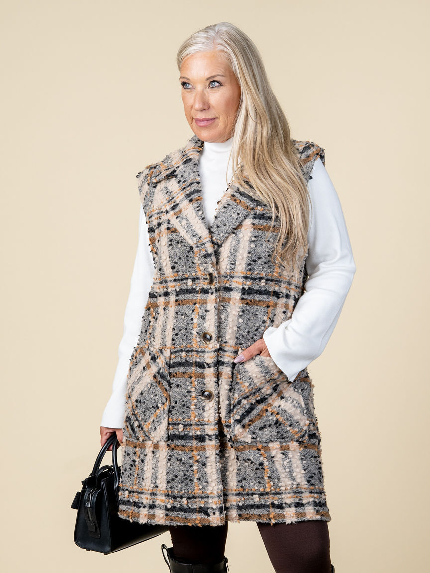 Long Plaid Vest With Notched Collar Image 2