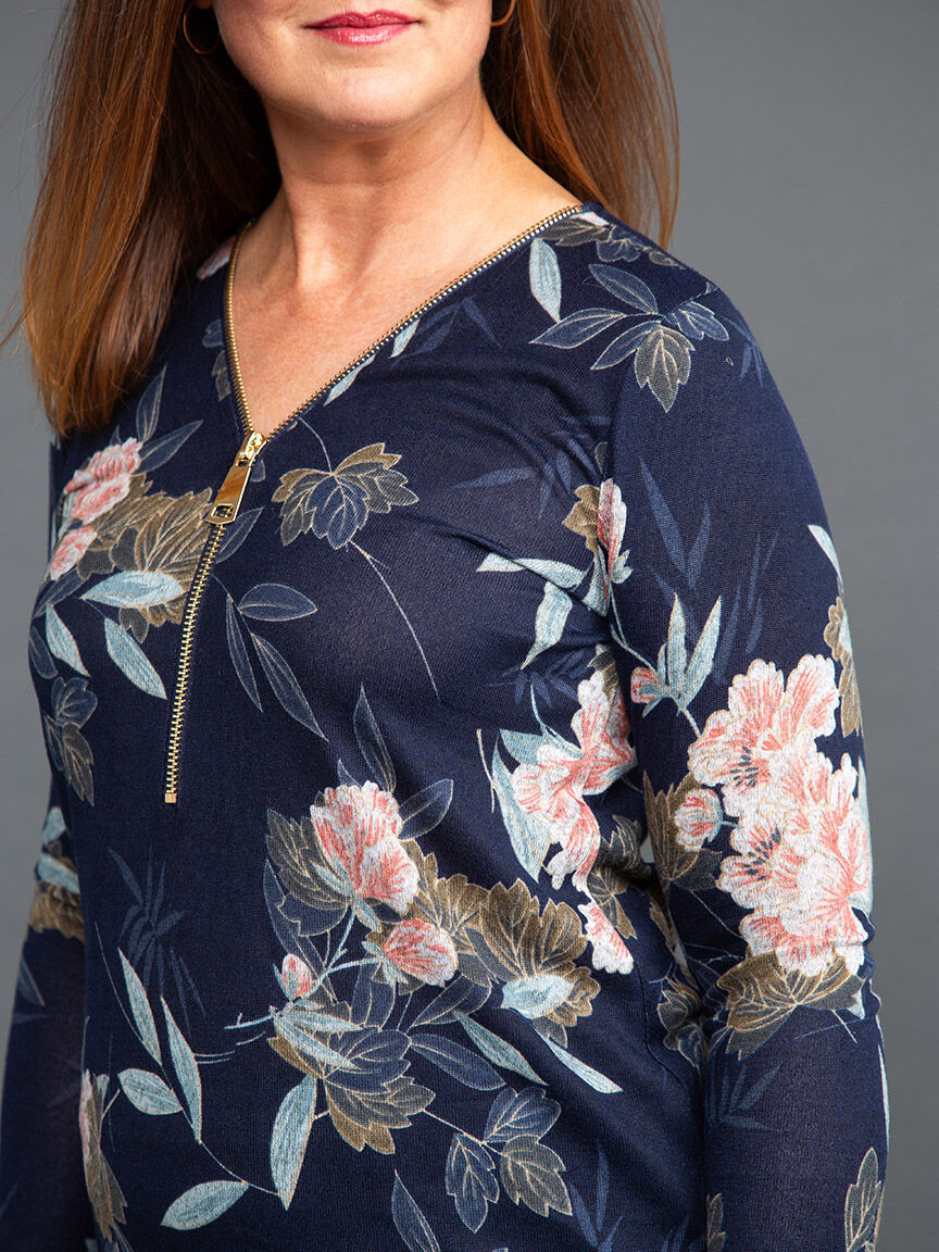 Long Sleeve Floral Top w/ Zip Neckline