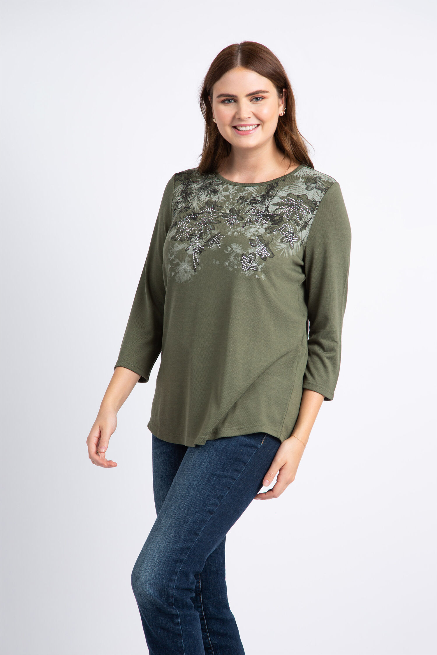 &frac34; Sleeve Floral Hotfix Top Image 3