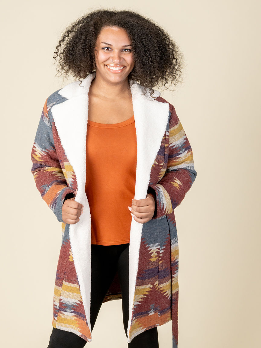 Long Robe Coat With Sherpa Trim