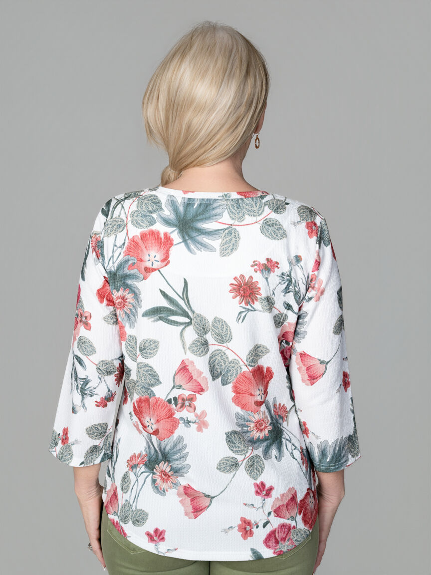 3/4 Sleeve Hibiscus Print Top