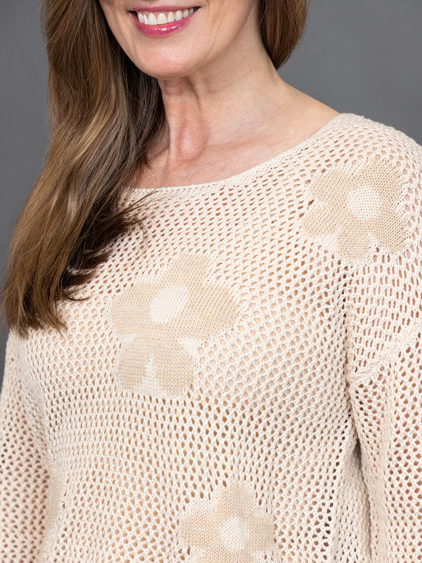 Long sleeve cream open knit sweater with floral knit detail Image 5